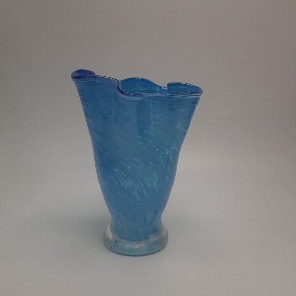 Vintage Blown Glass Swung Ruffled Blue Vase - Picture 3 of 7